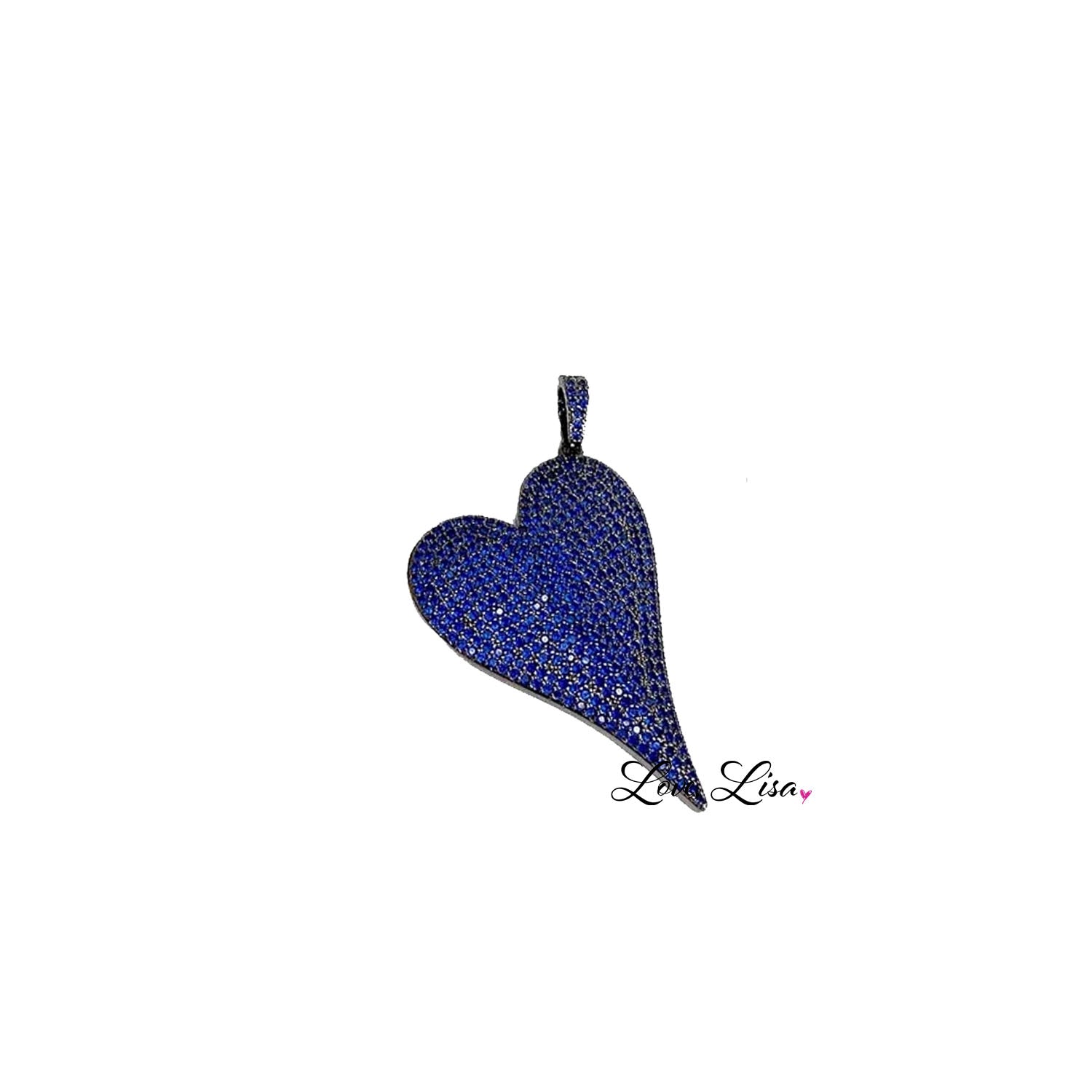 Magnificent slanted heart charm navy gunmetal pave heart pendant charm