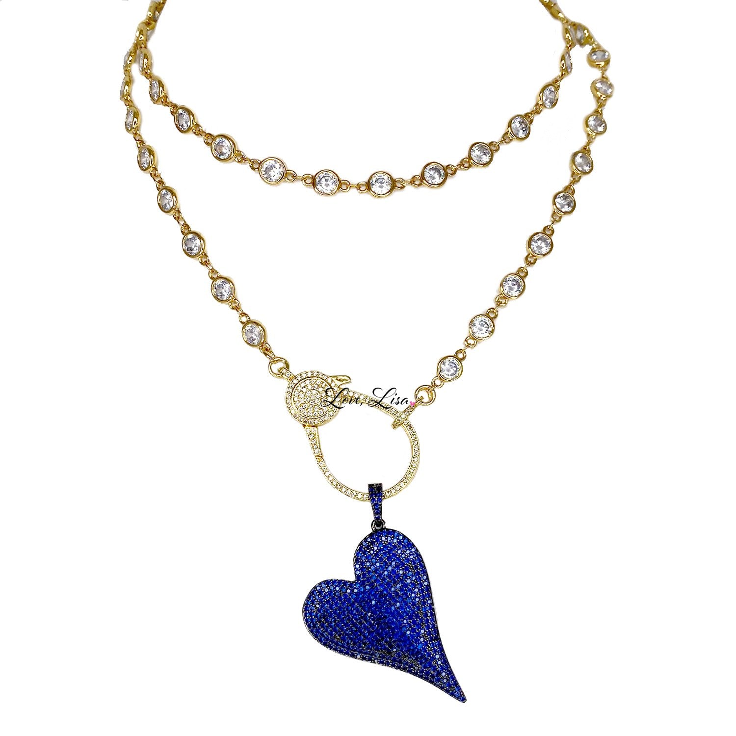 Deep blue heart charm with slanted shape and pavé shine