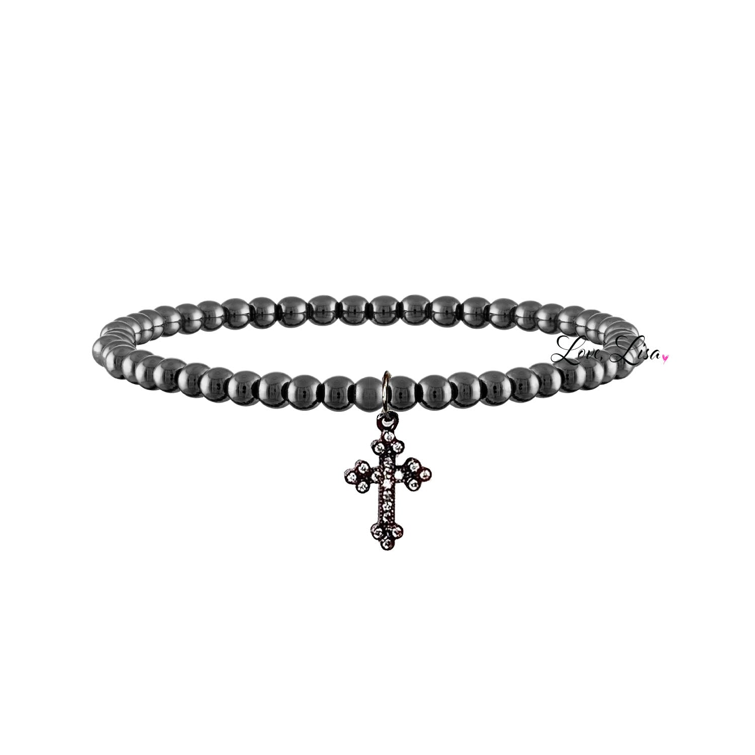 mary diamond cross bracelet gunmetal version closeup elegant beaded stretch style love lisa