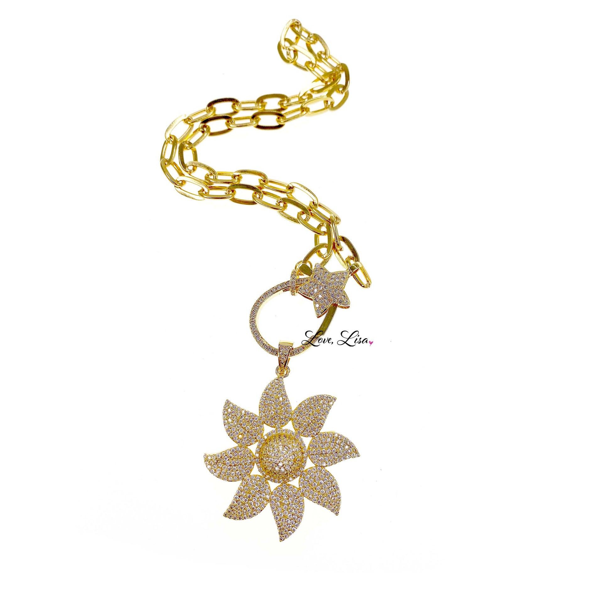 Love Lisa Mia Flower Charm gold pave floral pendant on chain jewelry accessory