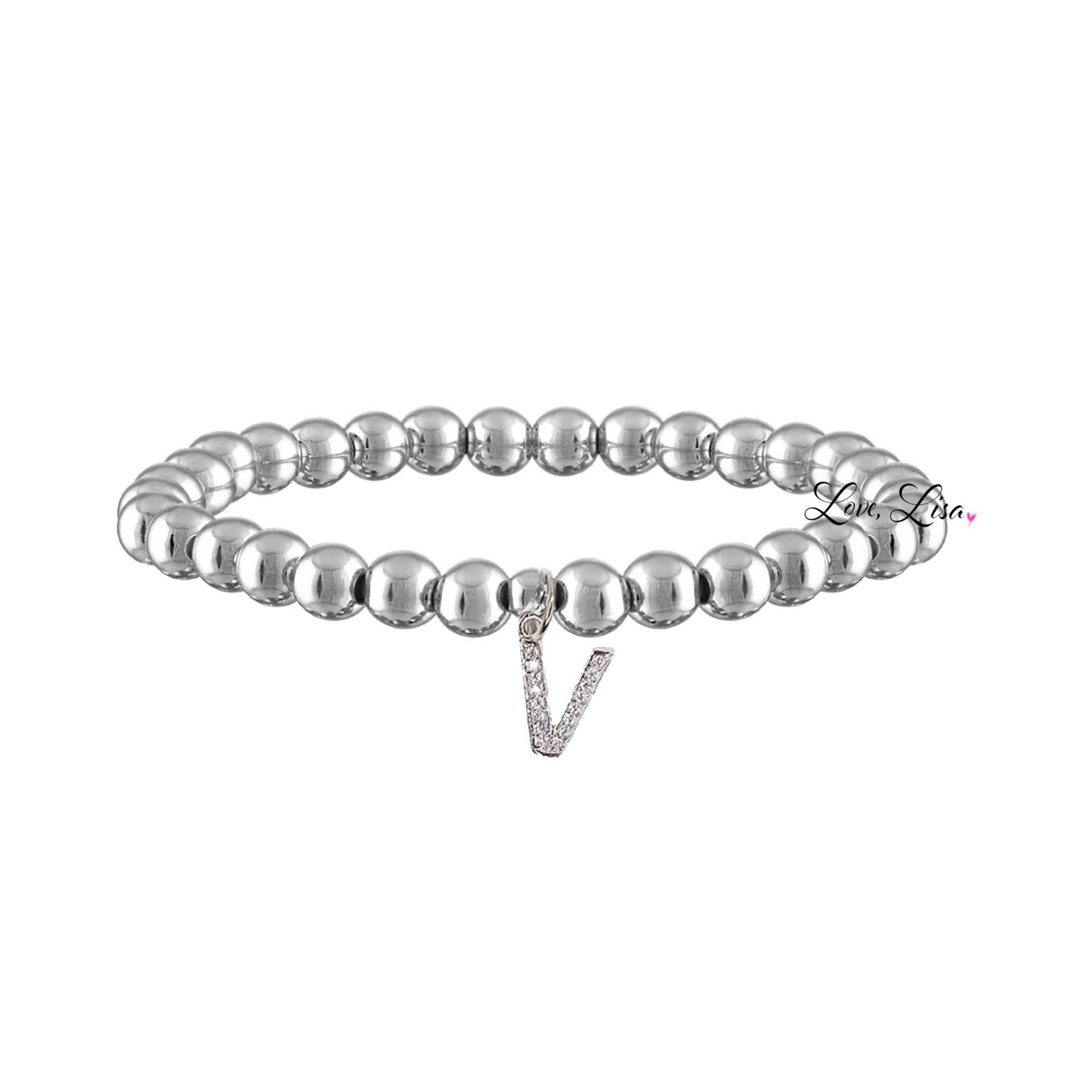 Love Lisa Milania silver personalized beaded bracelet with pavé initial charm