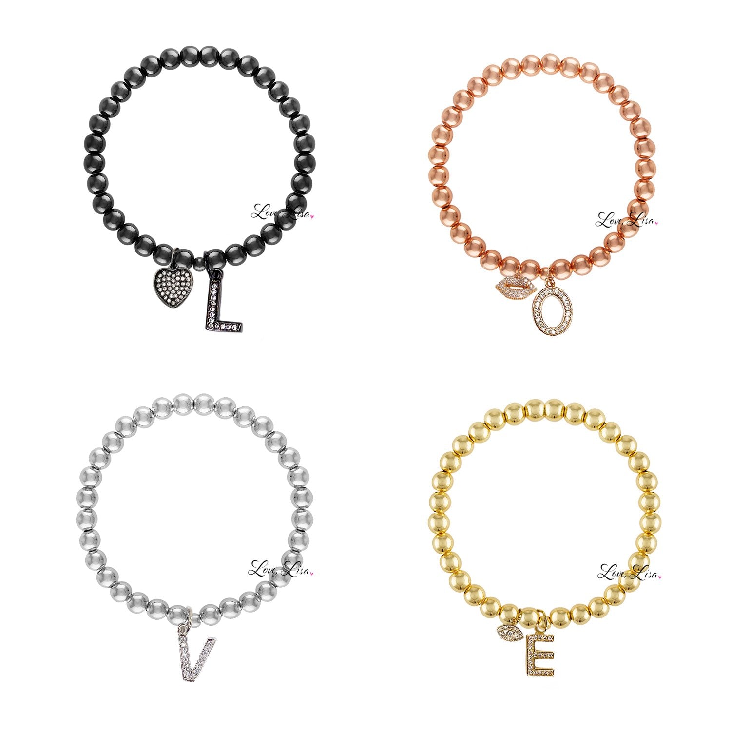 Milania personalized initial bracelet charm options in gold and silver