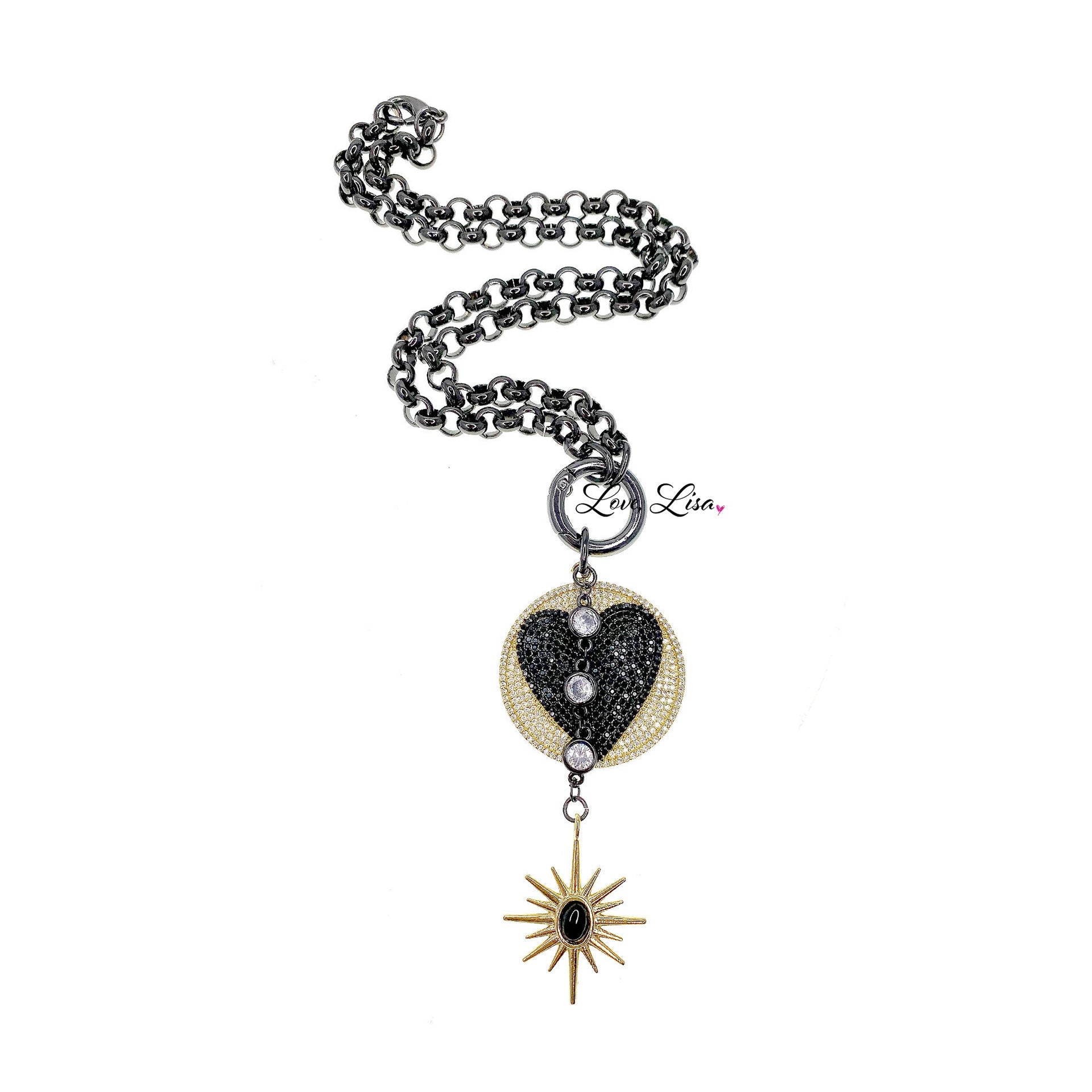  black milly heart necklace with star charm and pave crystals