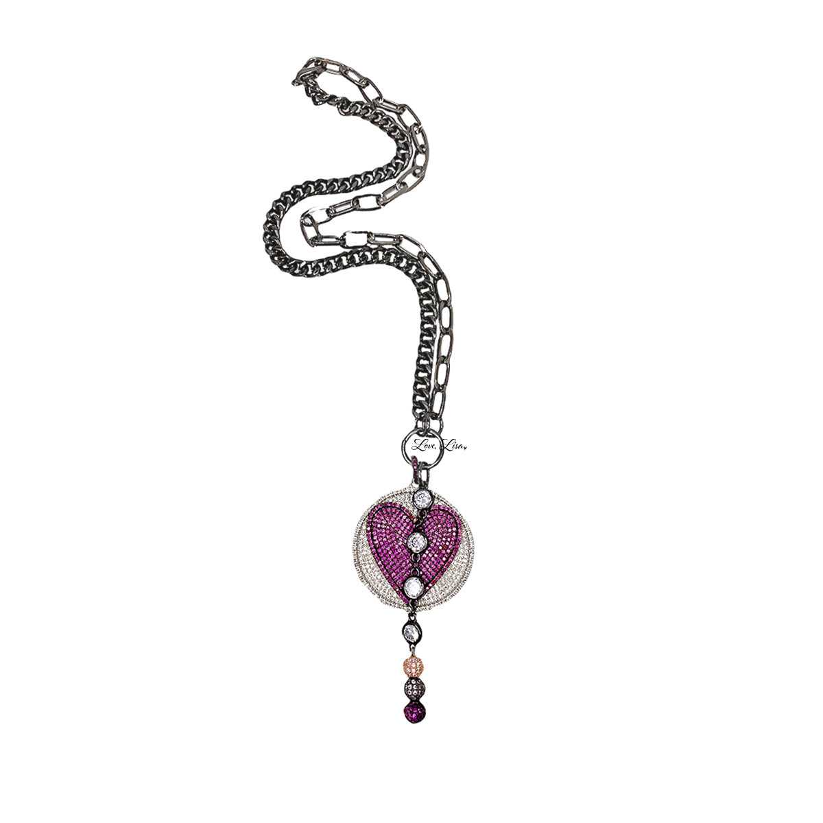  pink milly heart necklace on gunmetal chain with dangling crystals
