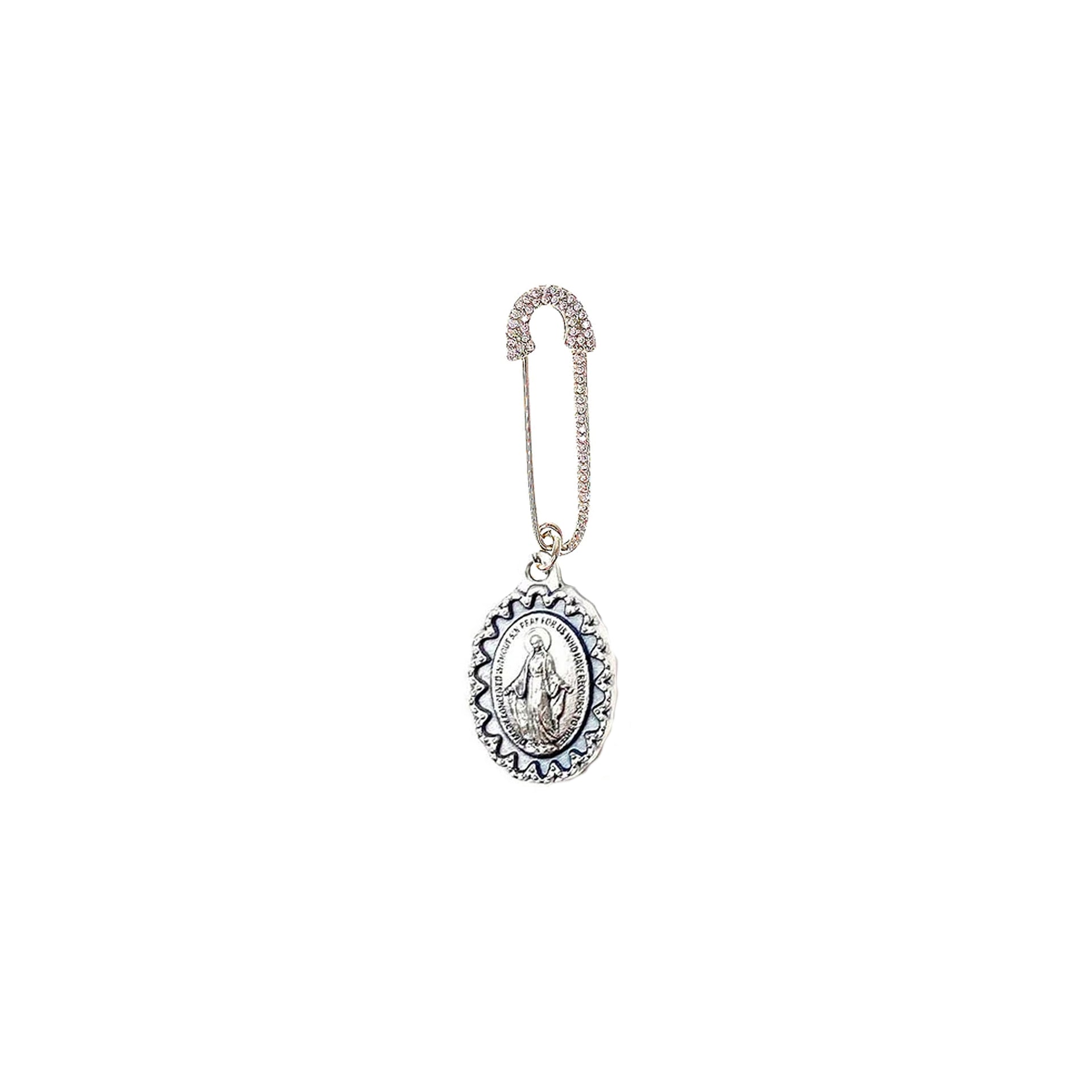 silver safety pin with silver Miraculous medal religious jewelry