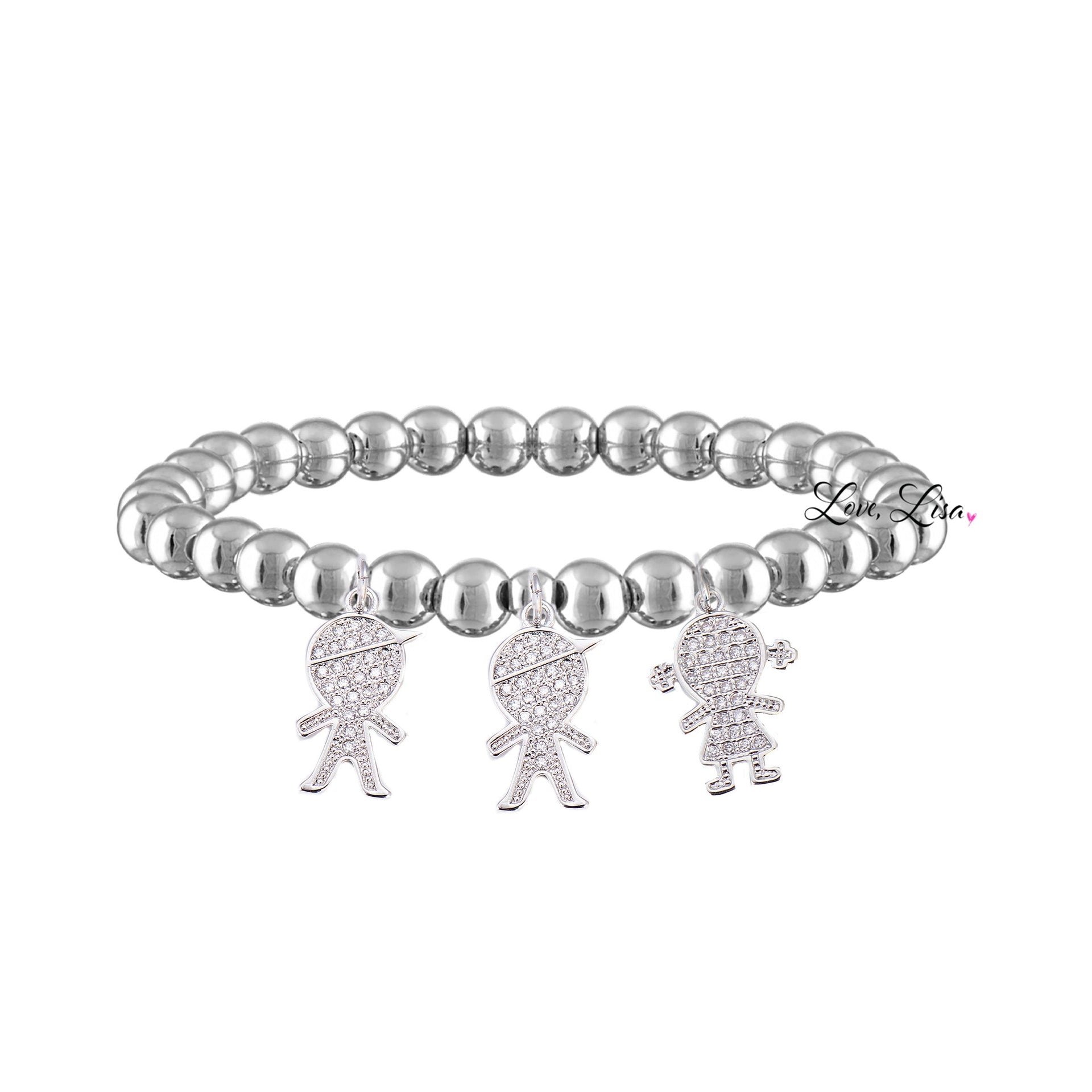 silver mommy bracelet with three pavé children charms love lisa jewelry