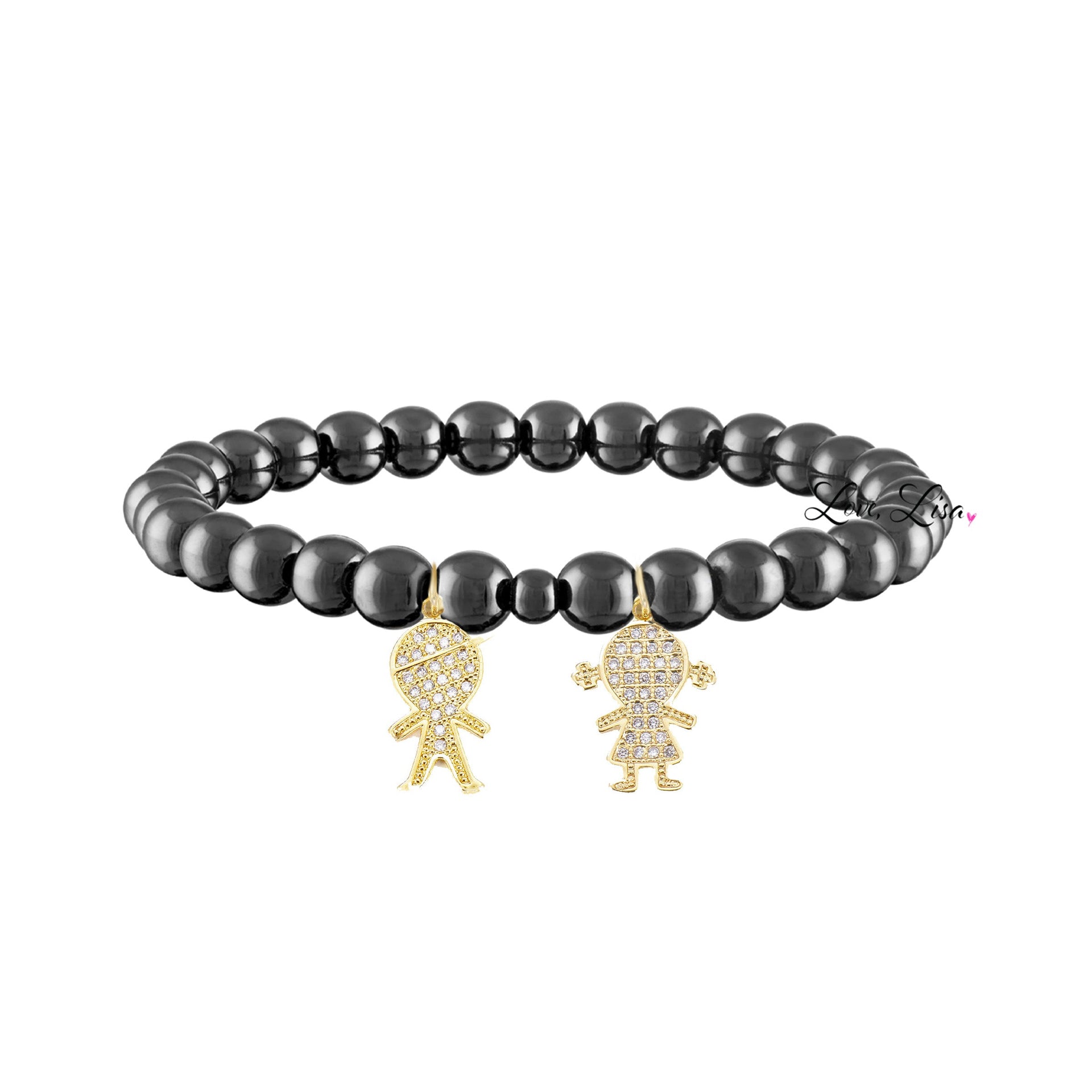 gunmetal mommy bracelet with two pavé charms love lisa jewelry