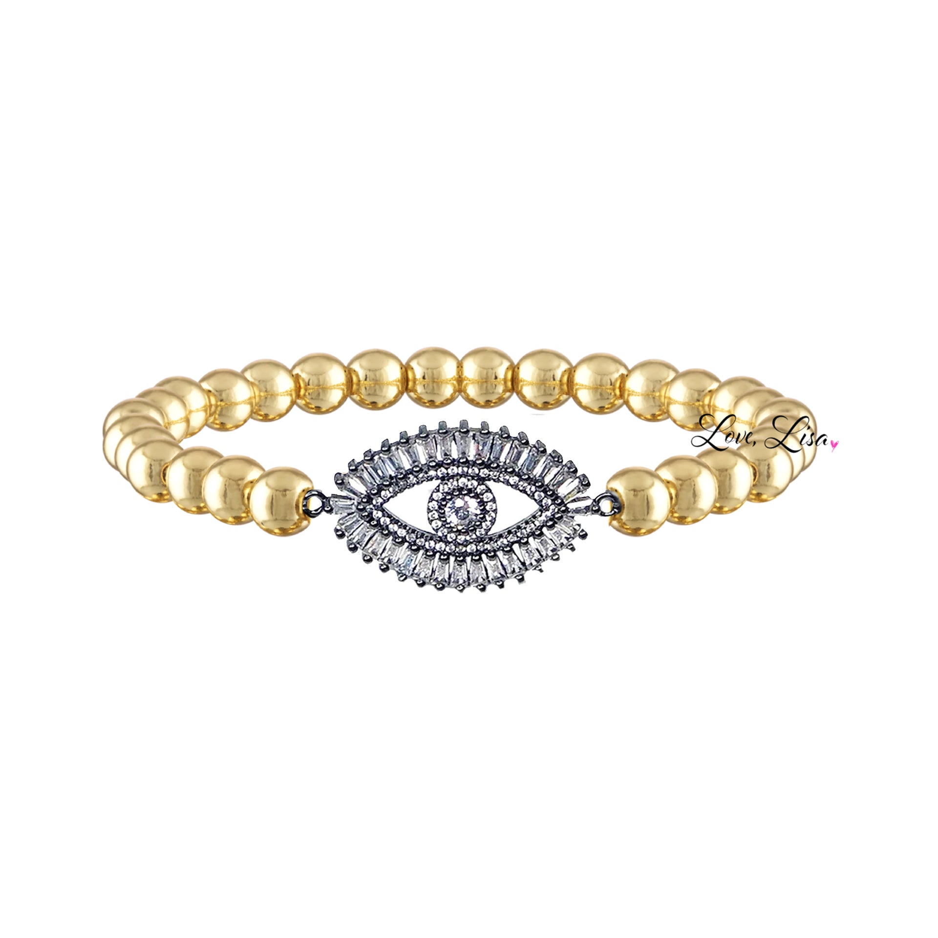 Monica Evil Eye Beaded Bracelet by Love Lisa in gold with gunmetal crystal baguette evil eye charm