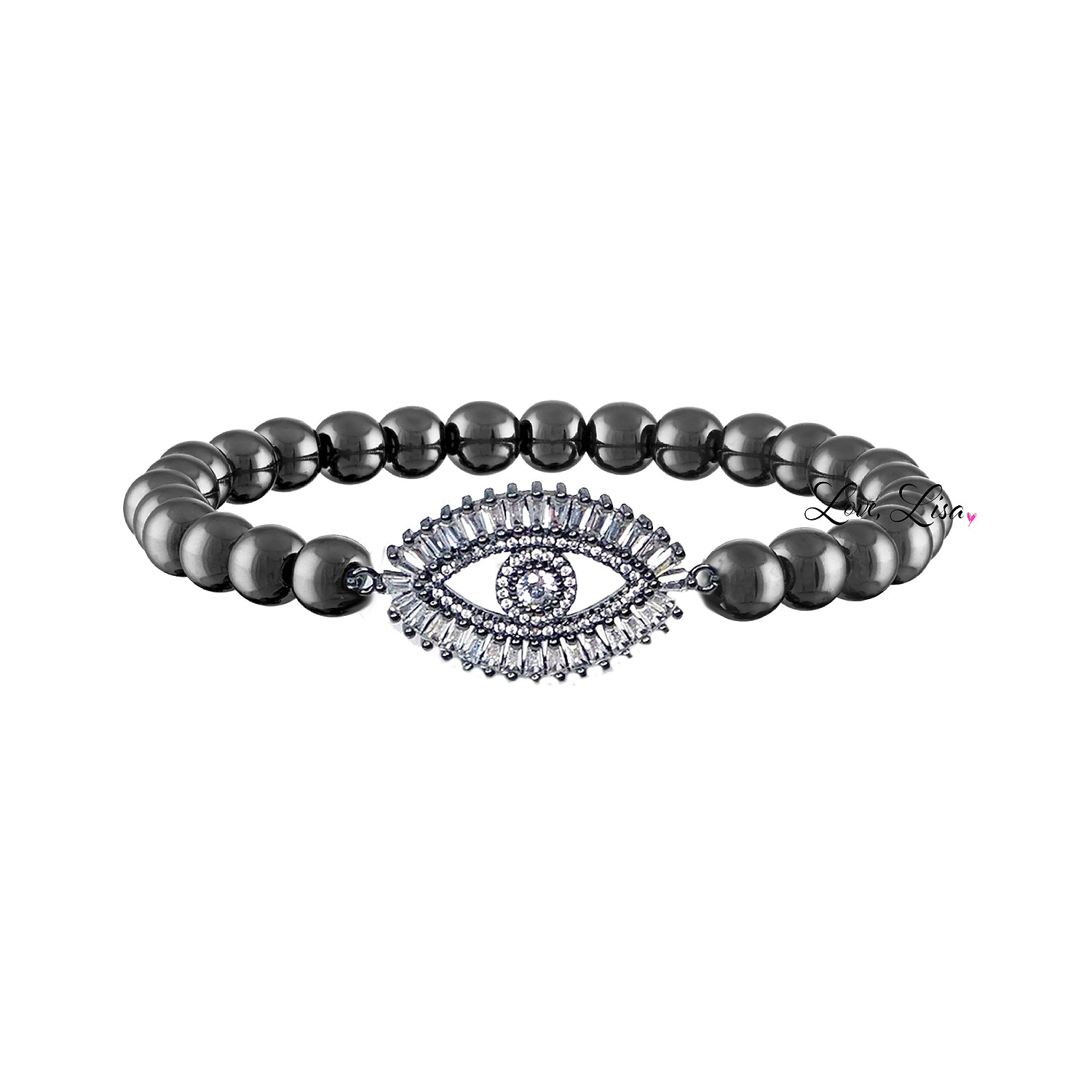 Monica Evil Eye Beaded Bracelet by Love Lisa in gunmetal with crystal baguette evil eye charm
