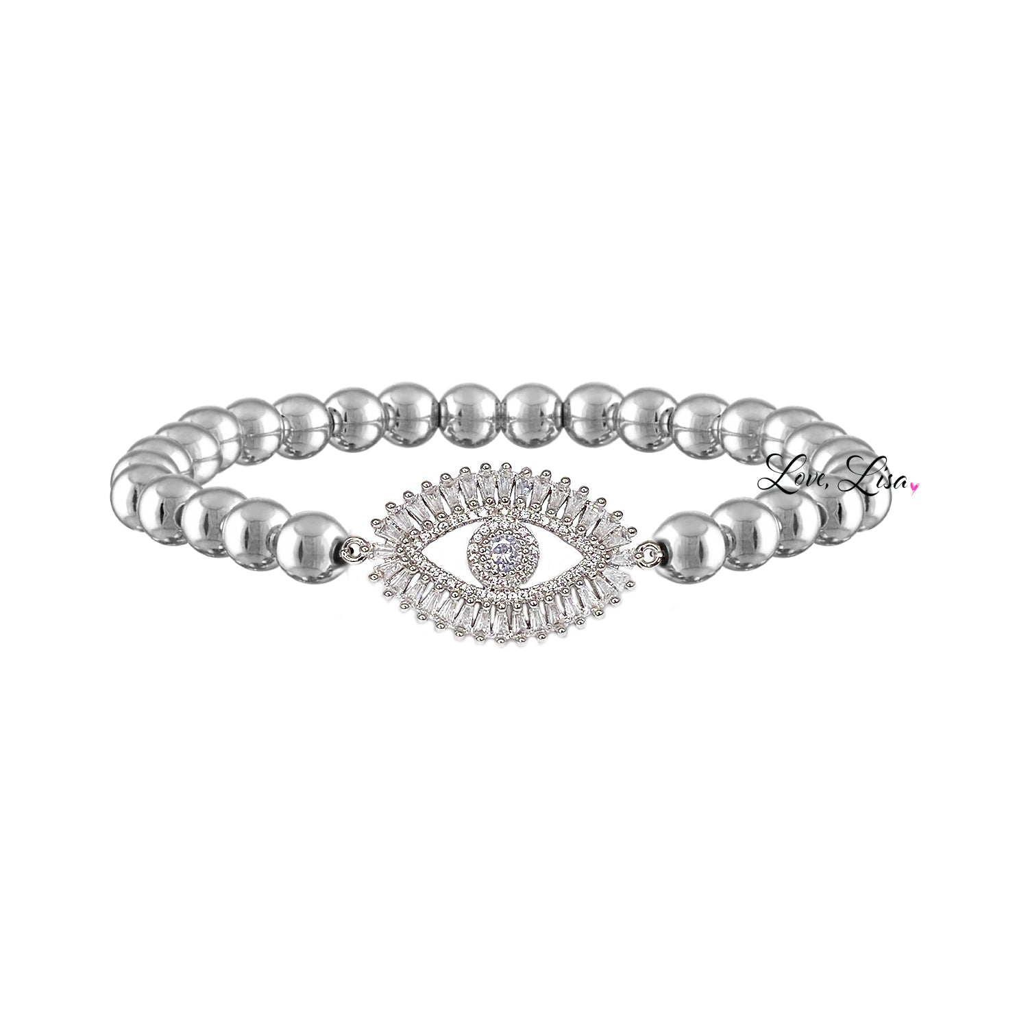 Monica Evil Eye Beaded Bracelet by Love Lisa in silver with sparkling pavé crystals