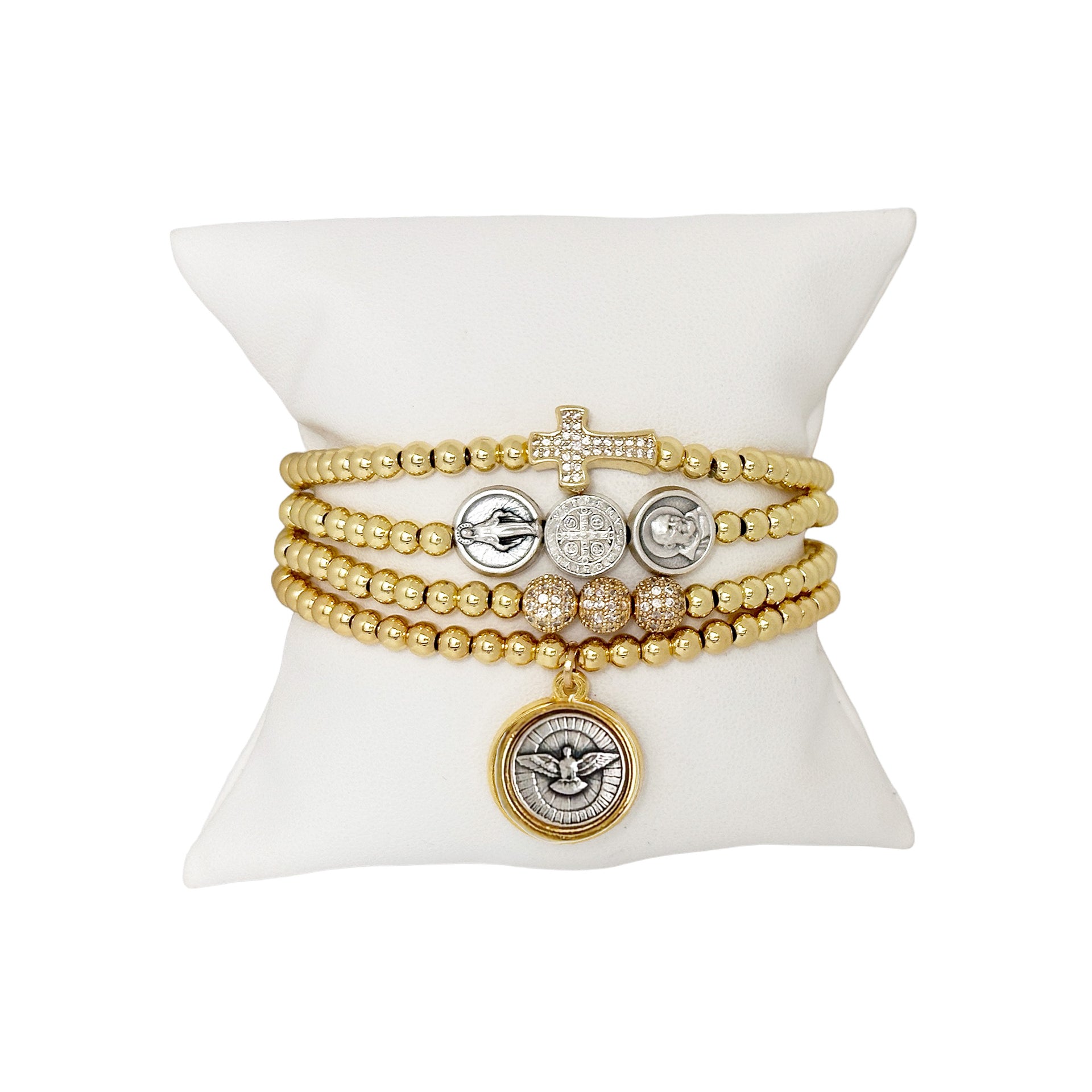 Love Lisa gold saint bracelet stack with holy spirit medal