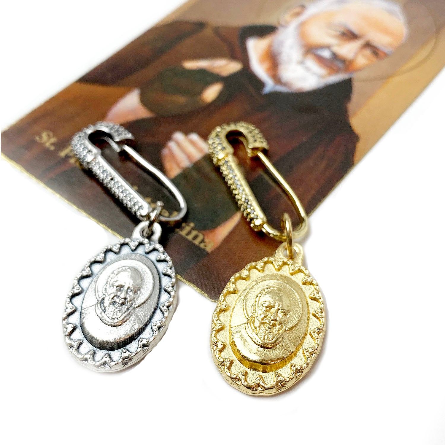 padre pio healing safety pin gold and silver set saint padre pio religious gift with prayer card