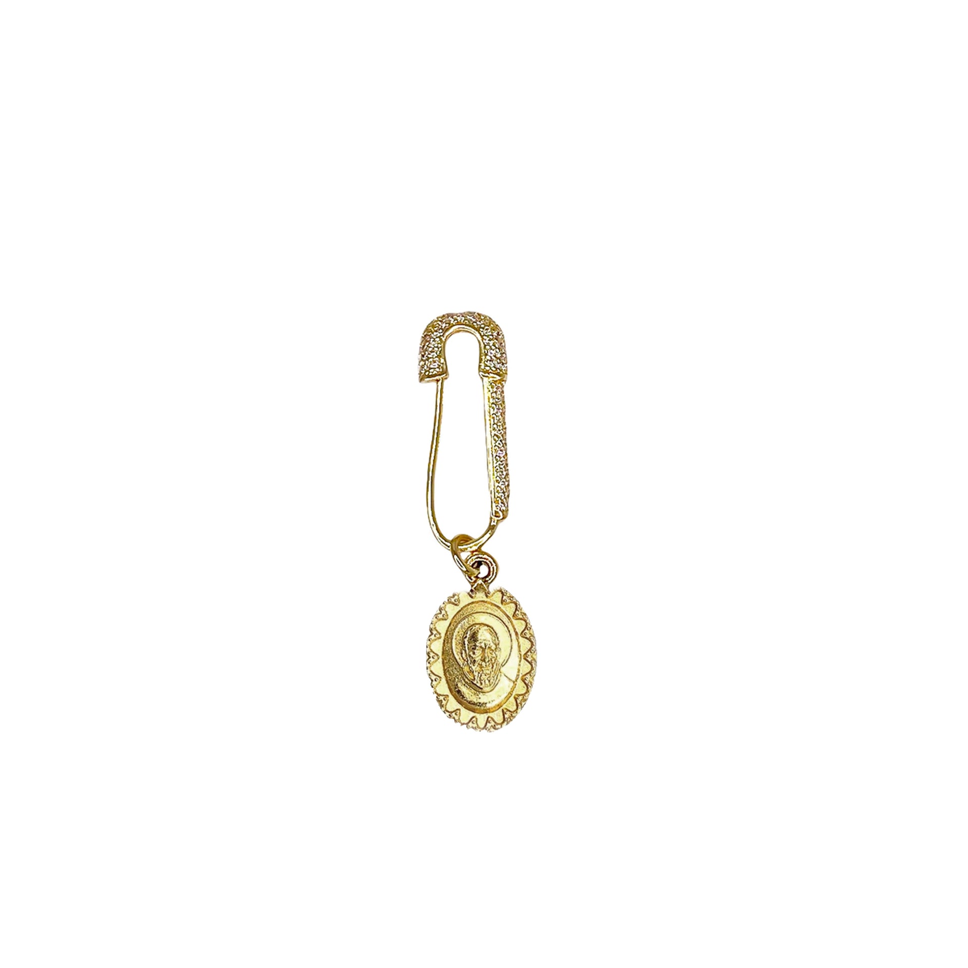 padre pio healing safety pin gold oversized safety pin with saint padre pio charm religious protection jewelry