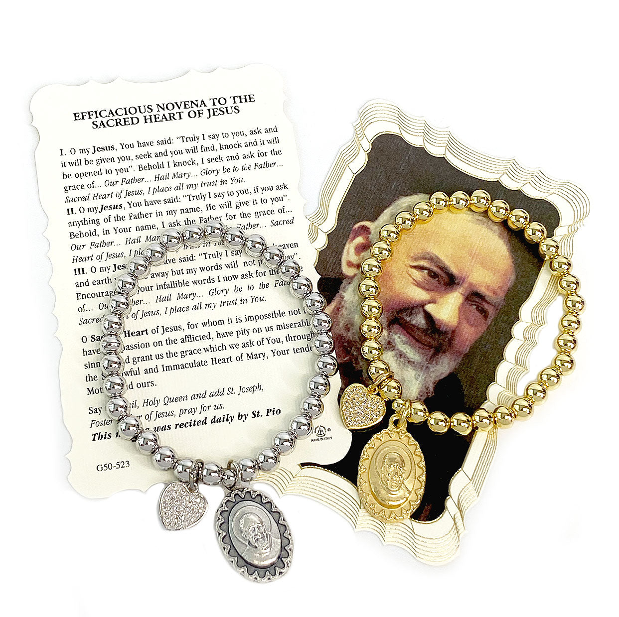 padre pio love bracelet silver devotional saint pio bracelet displayed with prayer card