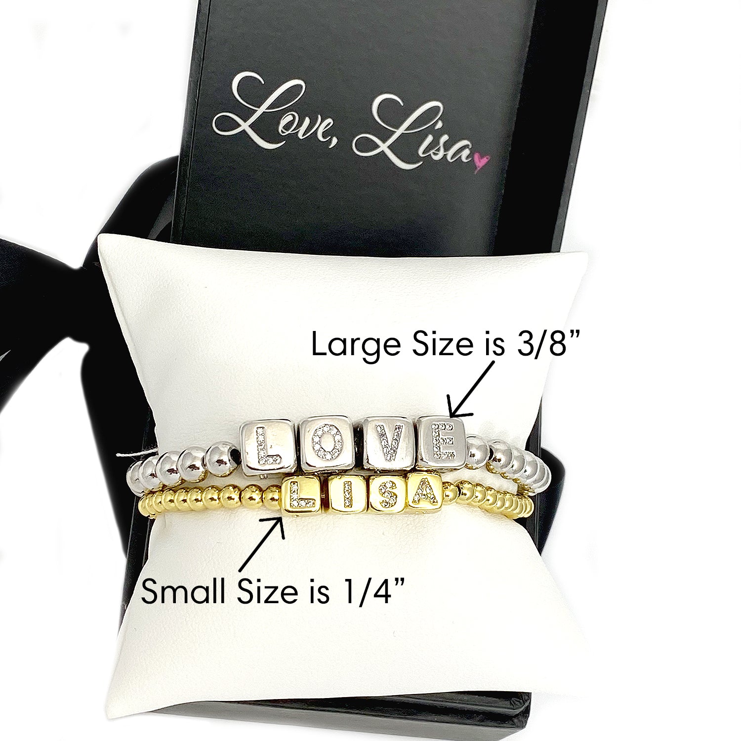 size info for beaded personalized bracelet with block letter cubes by love lisa jewelry