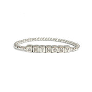 personalized small block letter bracelet in silver with polished 4mm beads and petite letter cubes