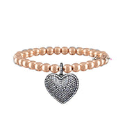 lila allure beaded heart bracelet in rose gold with polished rose gold beads and a shimmering gunmetal pave heart pendant