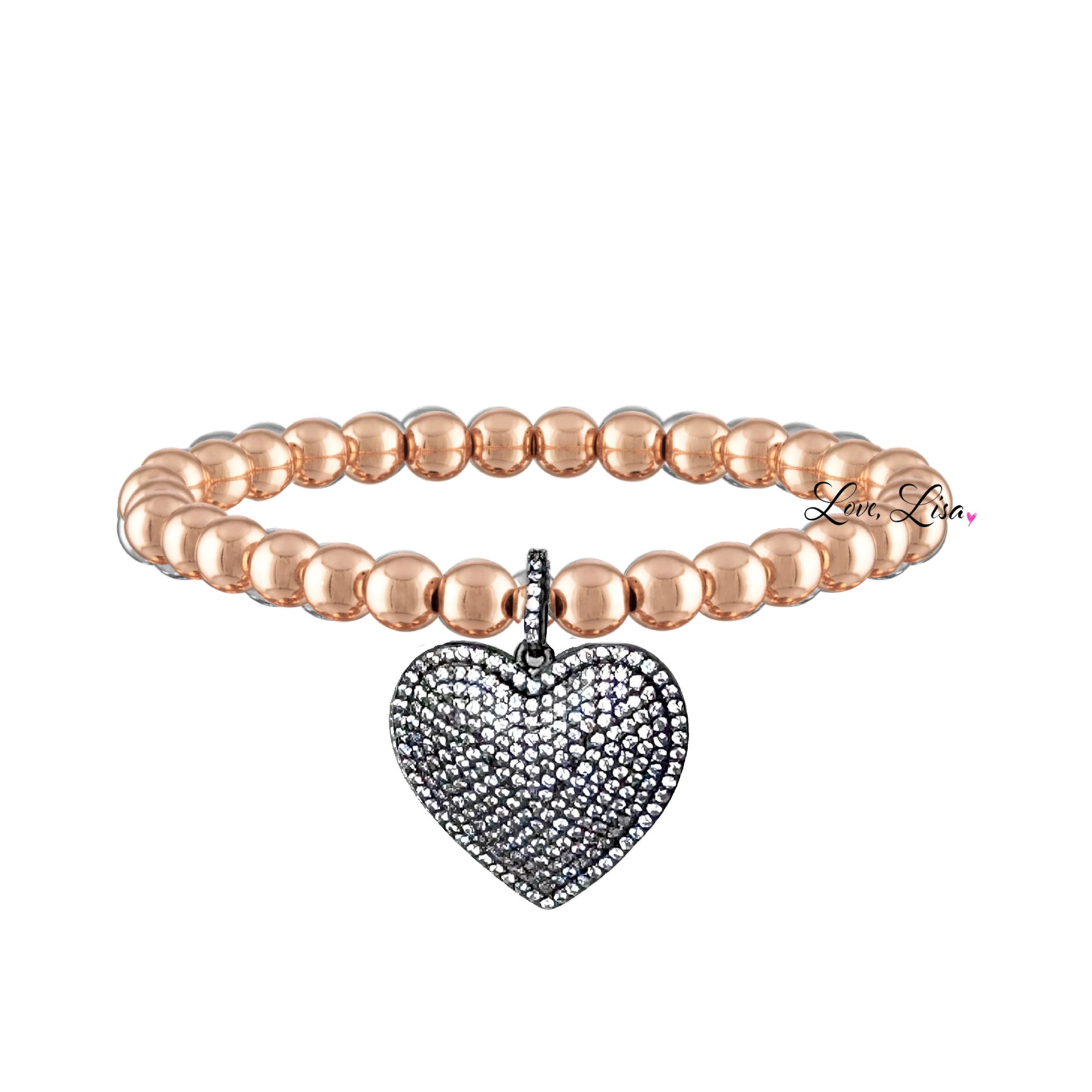 lila allure beaded heart bracelet in rose gold with polished rose gold beads and a shimmering gunmetal pave heart pendant