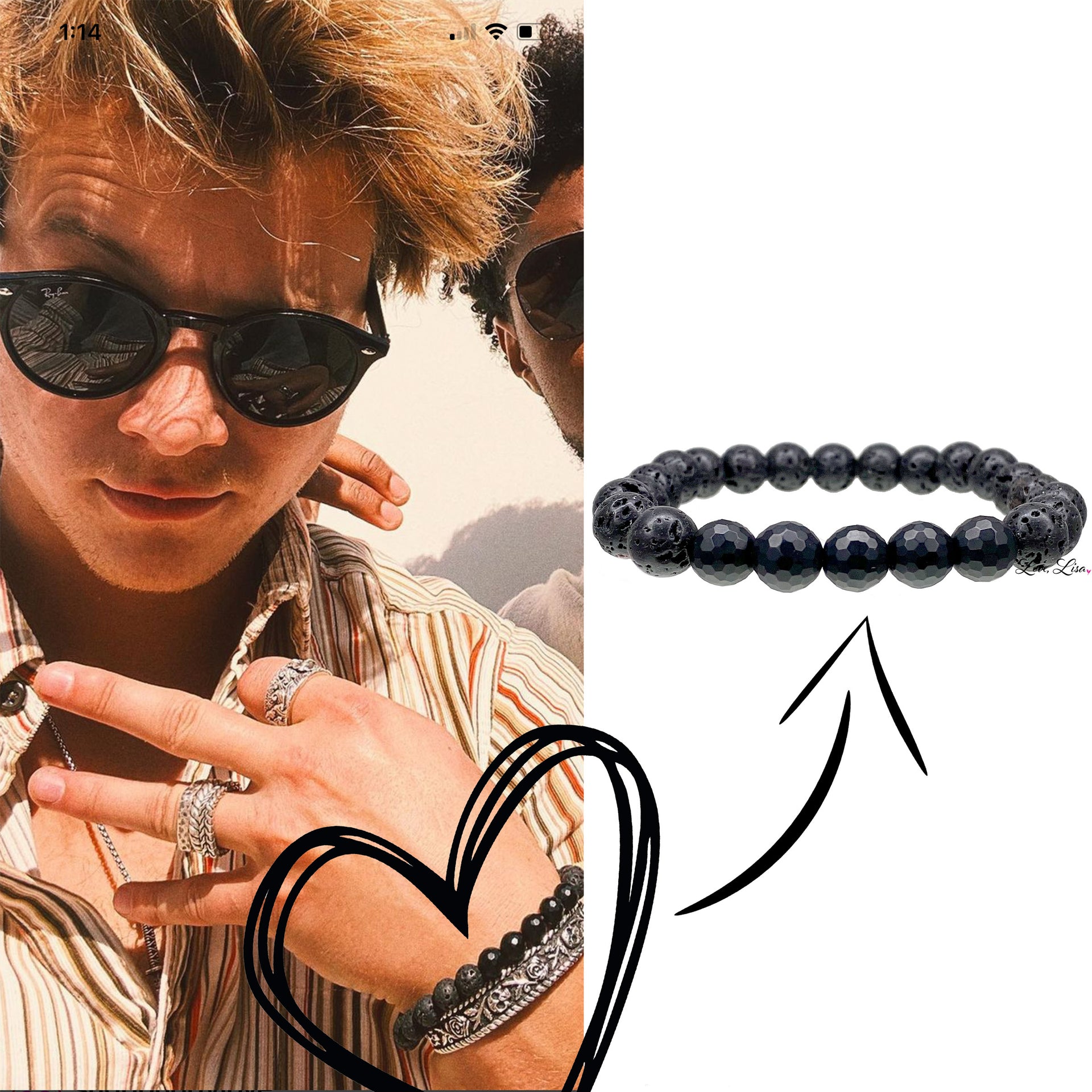 mens black lava rock beaded bracelet shown on wrist stretch bead jewelry worn by Rudy Pankow, AKA JJ Maybank on the Netflix drama Outer Banks