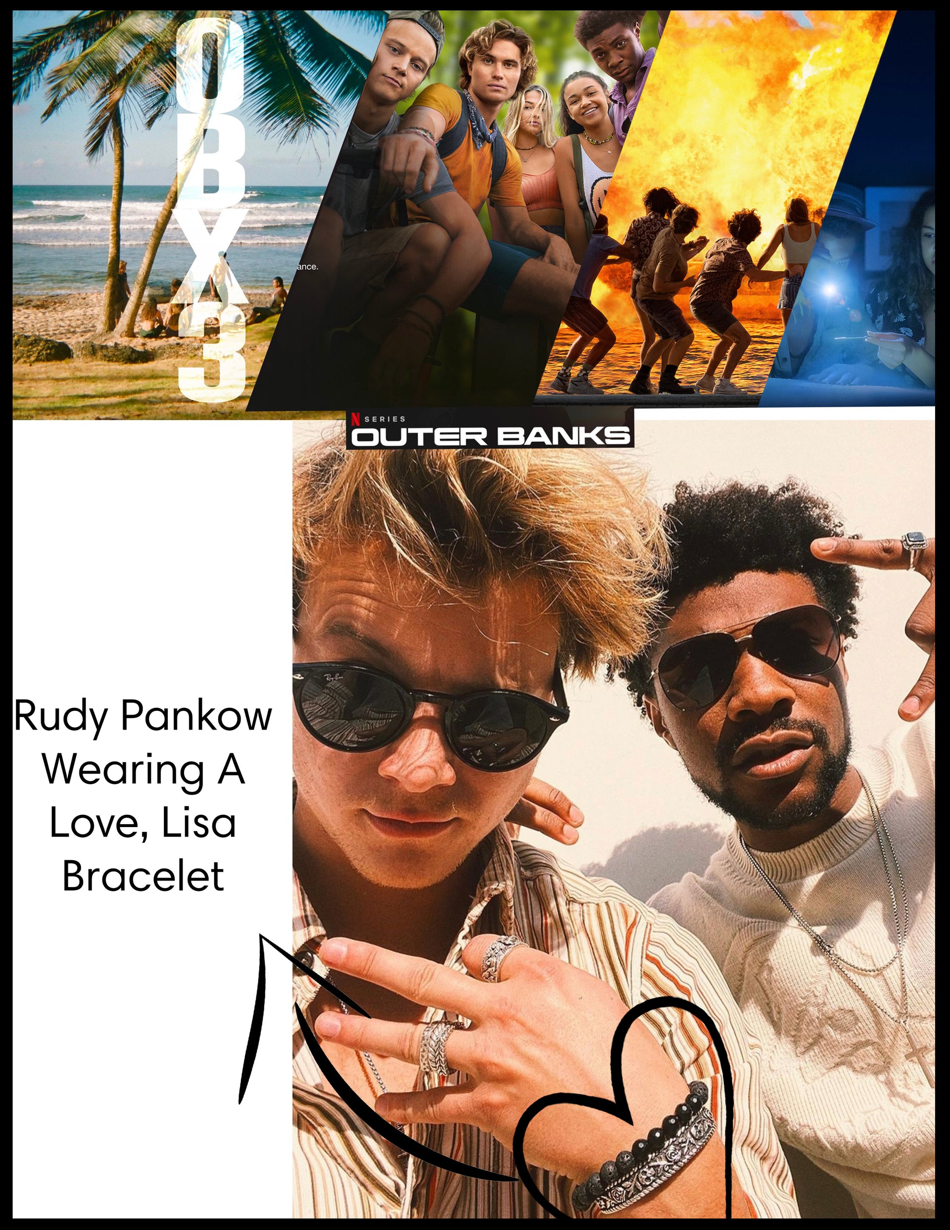 Love Lisa rudy lava rock mens beaded bracelet black lava stretch bracelet on wrist worn by Rudy Pankow, AKA JJ Maybank on the Netflix drama Outer Banks