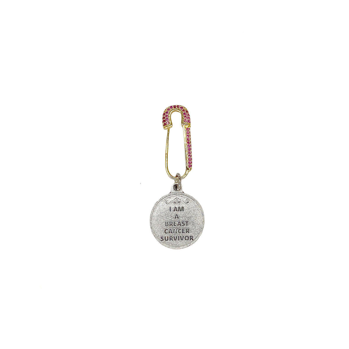 Saint Agatha Breast Cancer Survivor Safety Pin in Gold with rhinestone safety pin and two-sided survivor medal