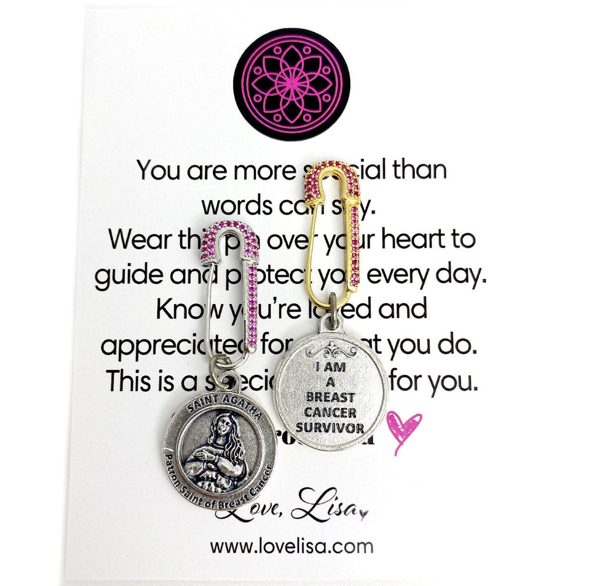 Love Lisa Saint Agatha Breast Cancer Survivor Safety Pin displayed on message card with rhinestone safety pin and Saint Agatha medal