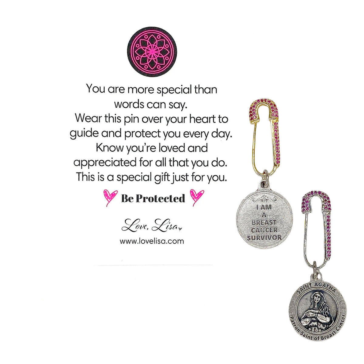 Love Lisa Saint Agatha Breast Cancer Survivor Safety Pin displayed with message card with rhinestone safety pin and Saint Agatha medal