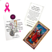 ove Lisa Saint Agatha Breast Cancer Survivor Safety Pin shown with prayer card, message card, and Pink Aid breast cancer awareness details