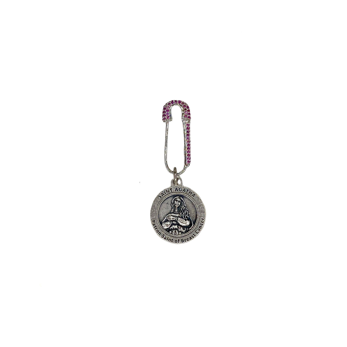 Lisa Saint Agatha Breast Cancer Survivor Safety Pin in Silver with rhinestone pin, two-sided medal, survivor message