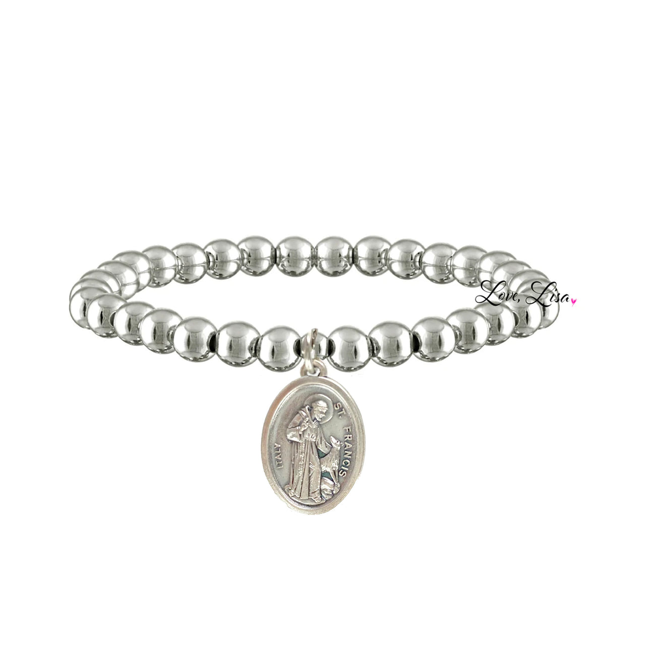 Love Lisa saint francis pet prayer bracelet silver 6mm beaded stretch bracelet with saint francis medal for animal protection and healing