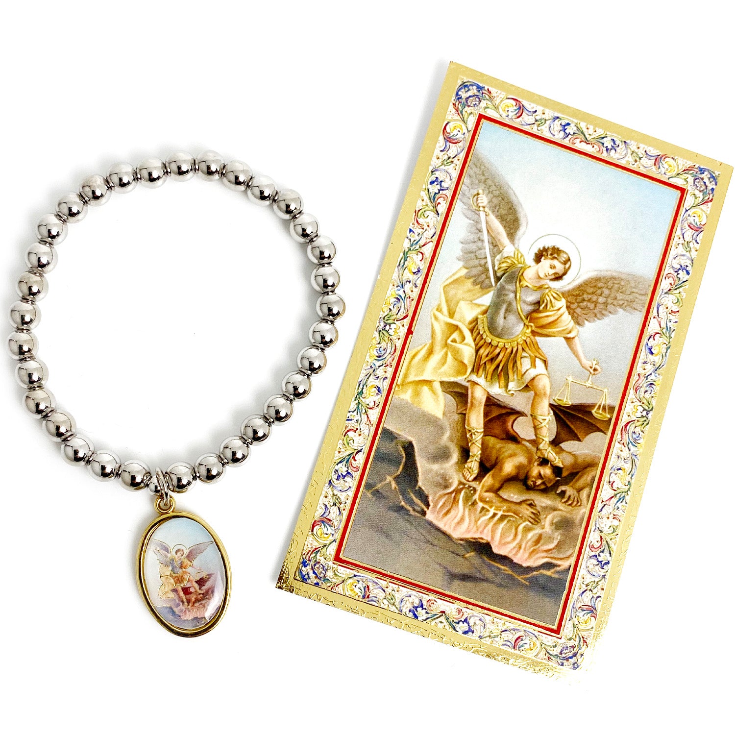 saint michael bracelet with prayer card colorful beaded design. Saint Michael is honored as the protector and spiritual warrior who defends against evil and guides the faithful.