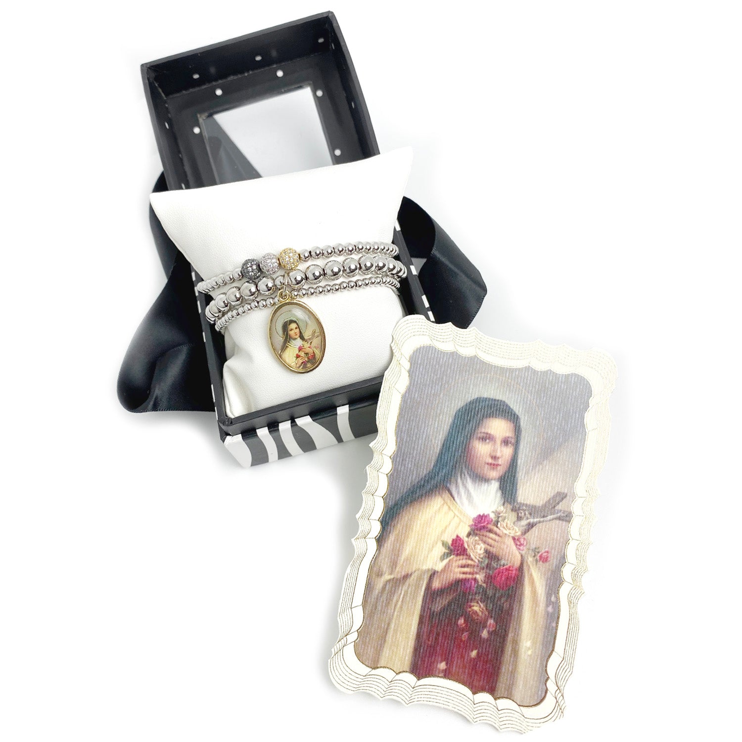 saint therese little flower bracelet gift with prayer card and packaging