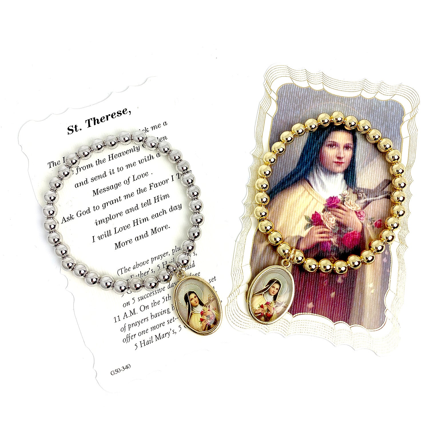 Love Lisa saint therese little flower bracelet in gold and silver shown with prayer card
