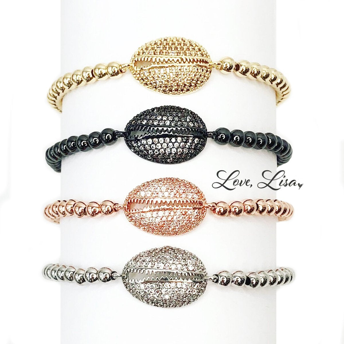 cowrie shell anklet set silver gold gunmetal rose gold pave beads