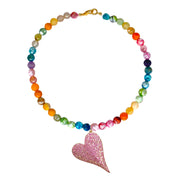 scarlett fire agate heart gemstone necklace with multicolor faceted beads and pink pave heart pendant