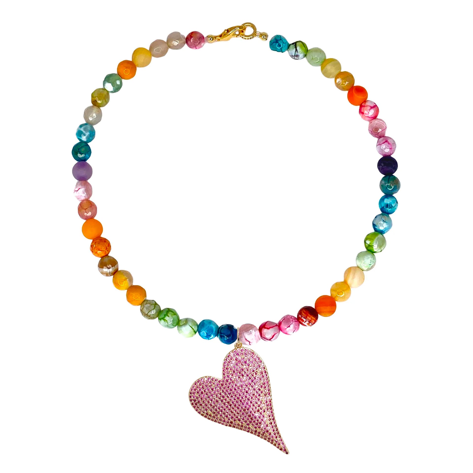 scarlett fire agate heart gemstone necklace with multicolor faceted beads and pink pave heart pendant