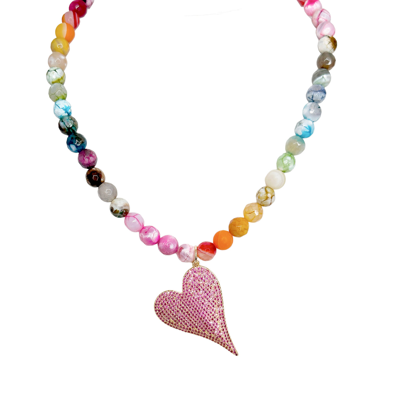 Love Lisa scarlett fire agate heart gemstone necklace with colorful faceted beads and pavé heart charm