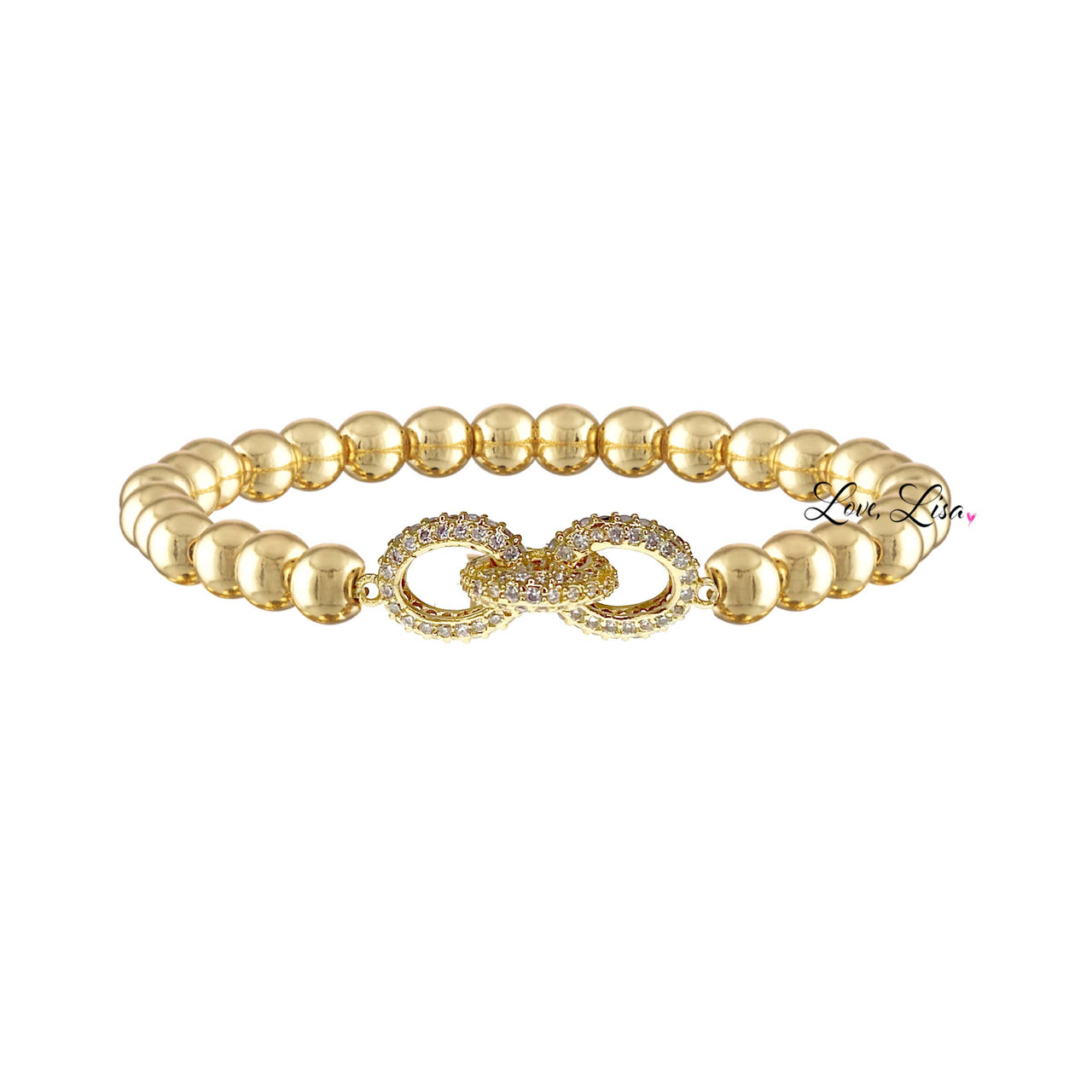 A gold-colored bracelet featuring a series of round beads and a decorative link in the center, on a white background.