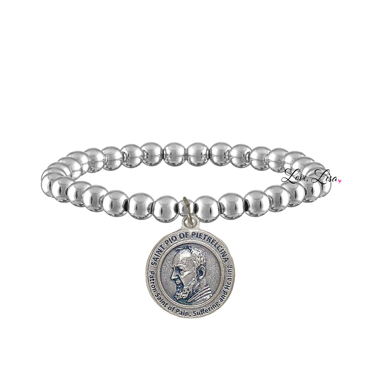 silver stretch saint padre pio healing bracelet with medal charm love lisa