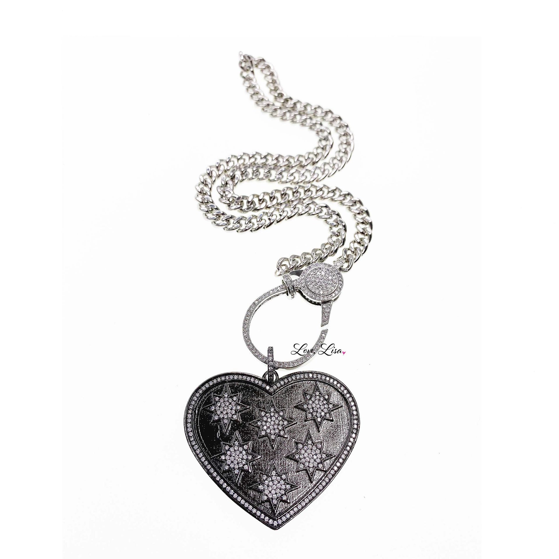 starburst heart charm shown on chain clasp necklace love lisa