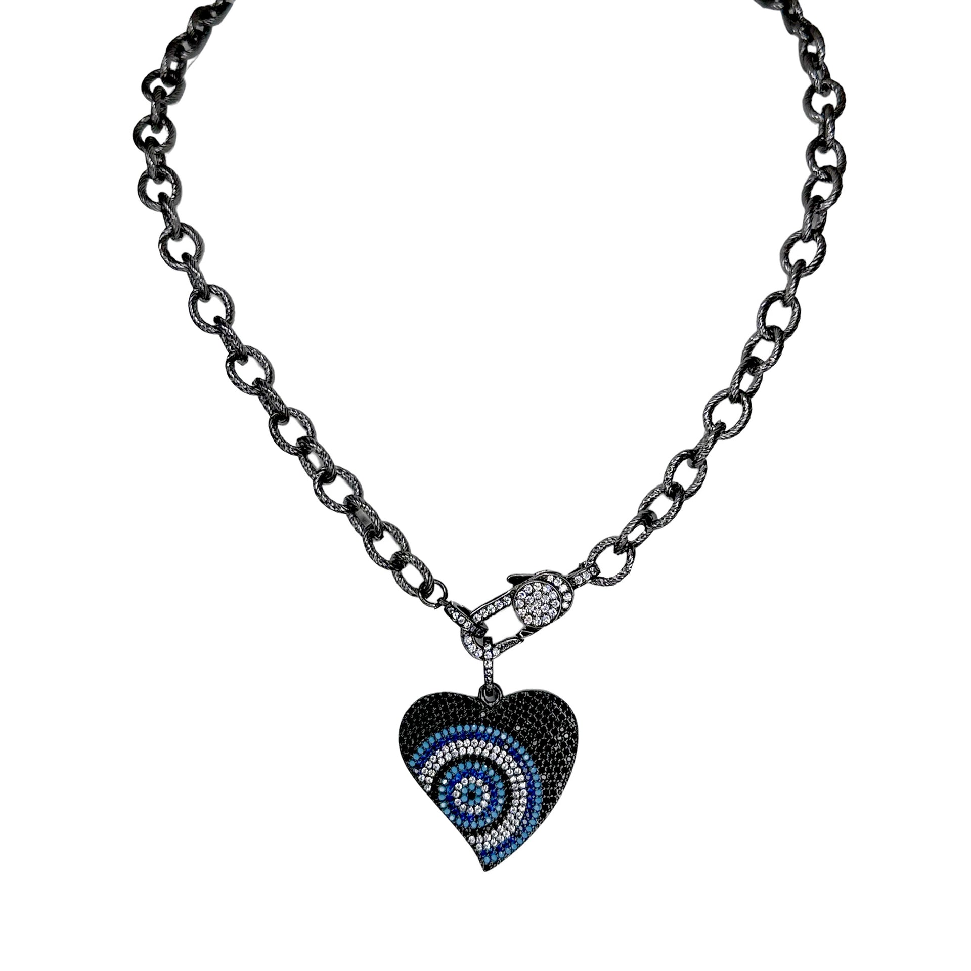 Steph heart protection necklace gunmetal ribbed chain with pavé heart evil eye charm