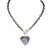 Steph heart protection necklace rose gold ribbed chain with pavé heart evil eye charm