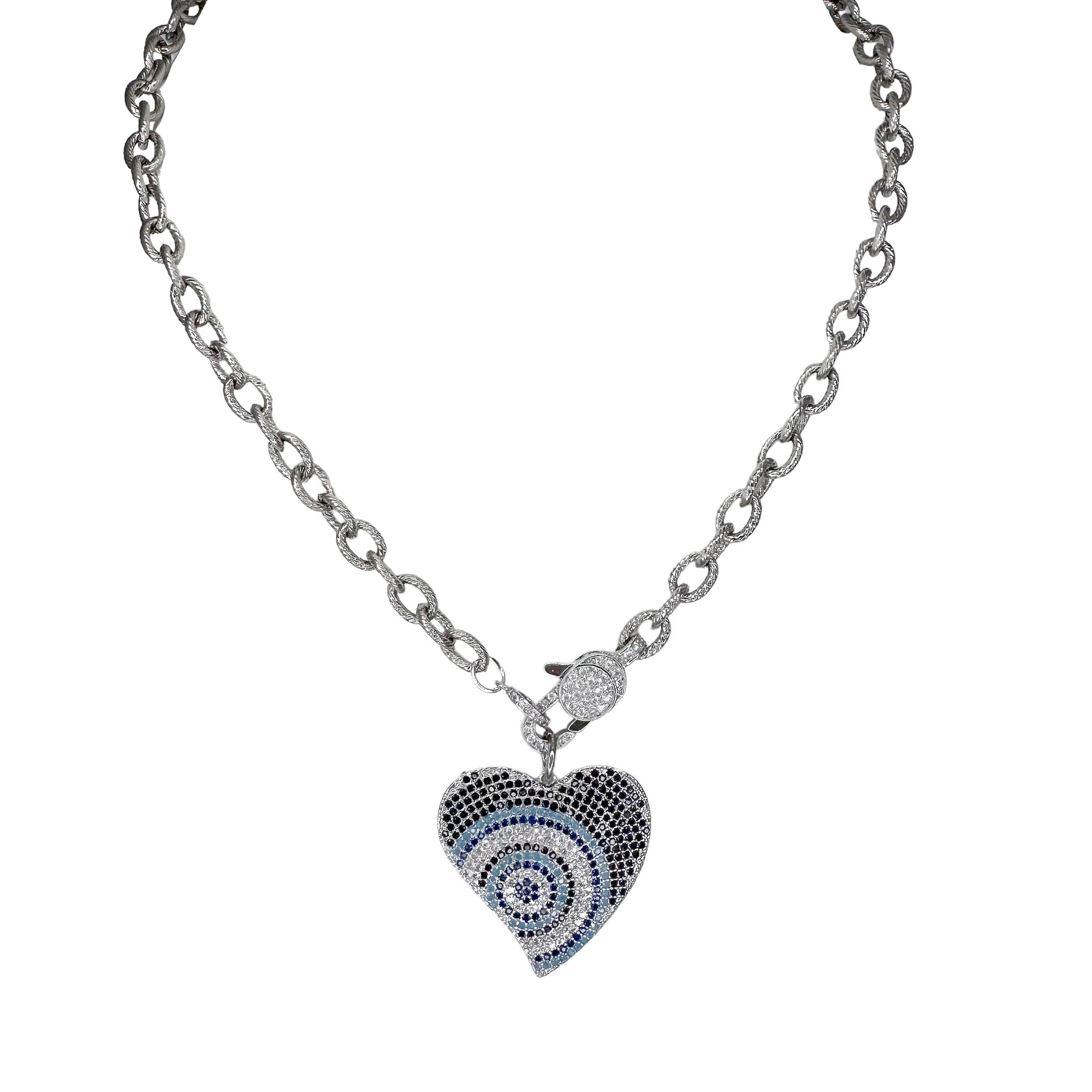 Steph heart protection necklace silver ribbed chain with pavé heart evil eye charm