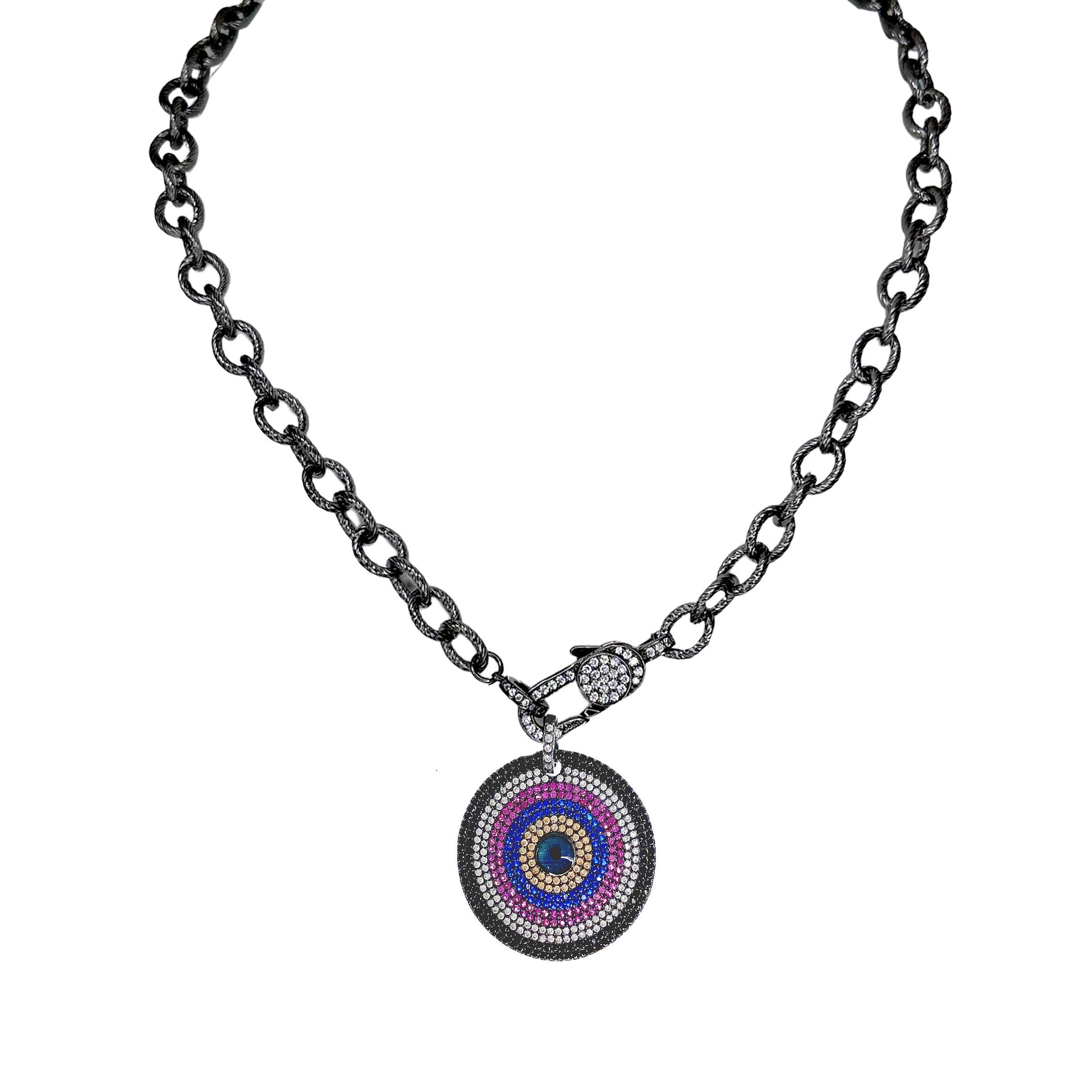 gunmetal necklace with multicolor evil eye charm