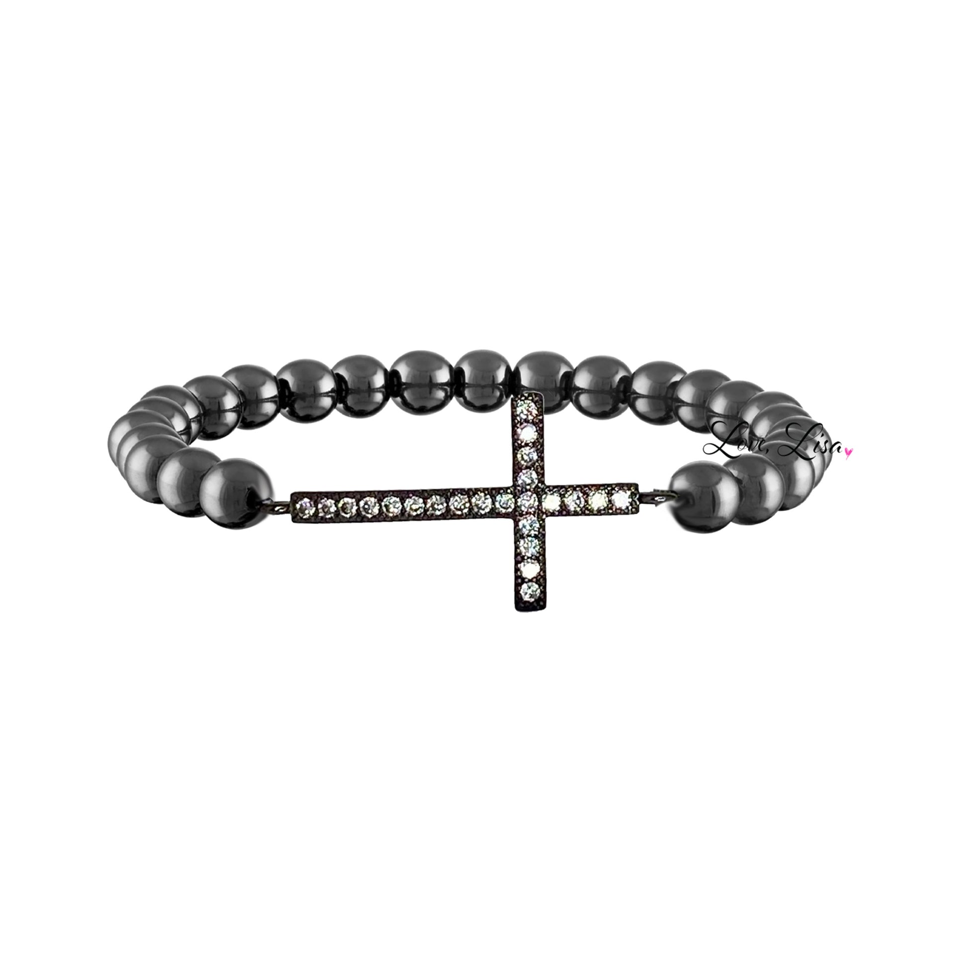 stretch diamond cross bracelet gunmetal version with cz cross charm love lisa