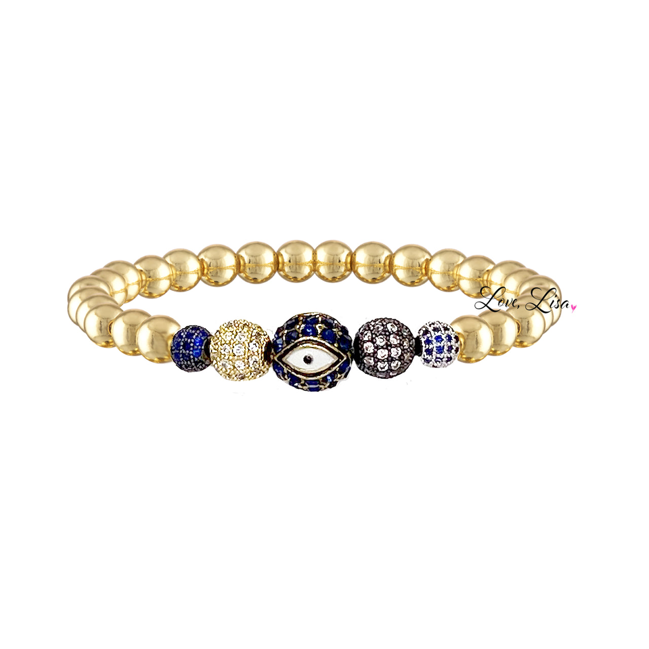 Sunny Eye of Protection bracelet with gold beads, pavé crystal accents, and evil eye charm