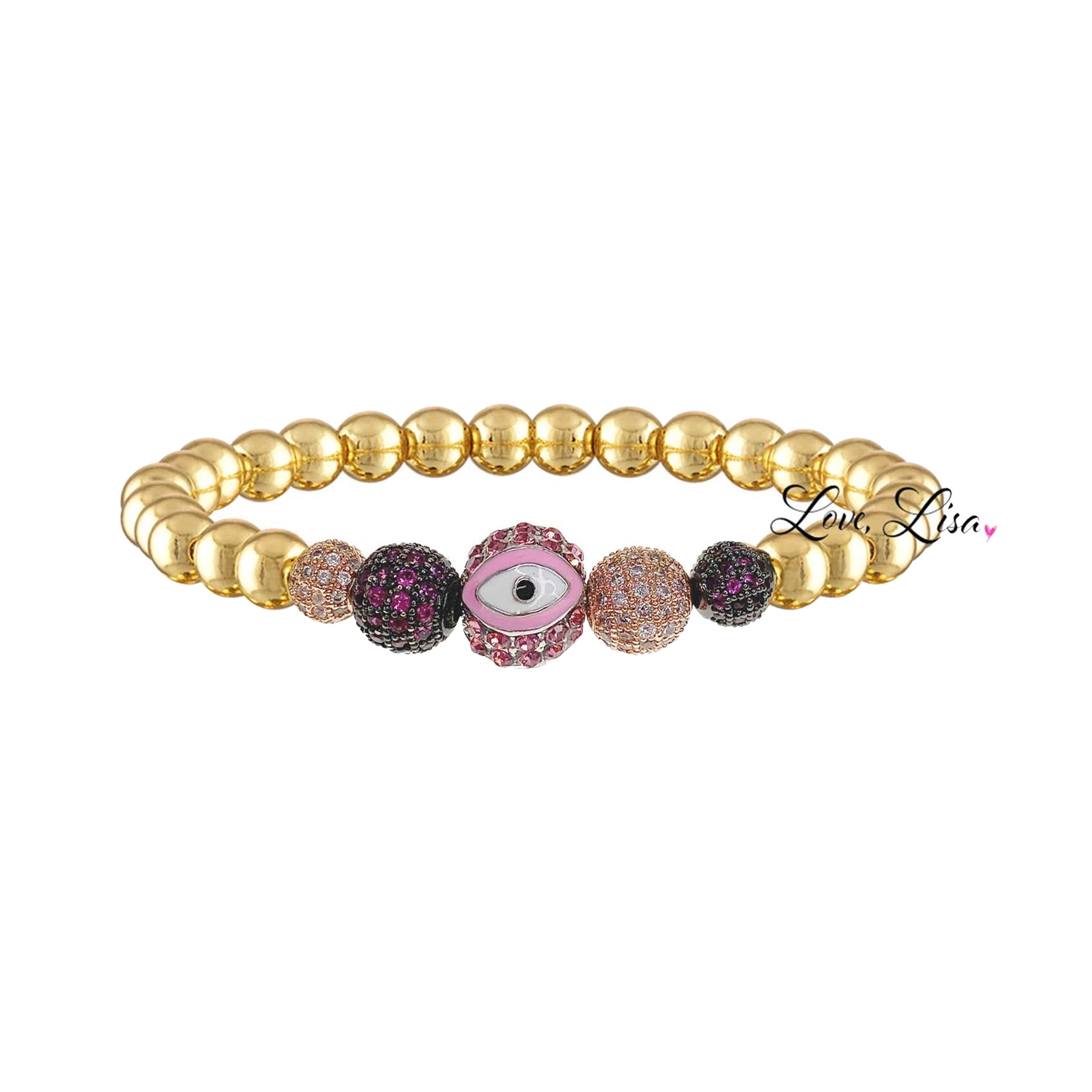 Pink Sunny Eye of Protection Bracelet with gold beaded stretch design and pavé evil eye charm Love Lisa