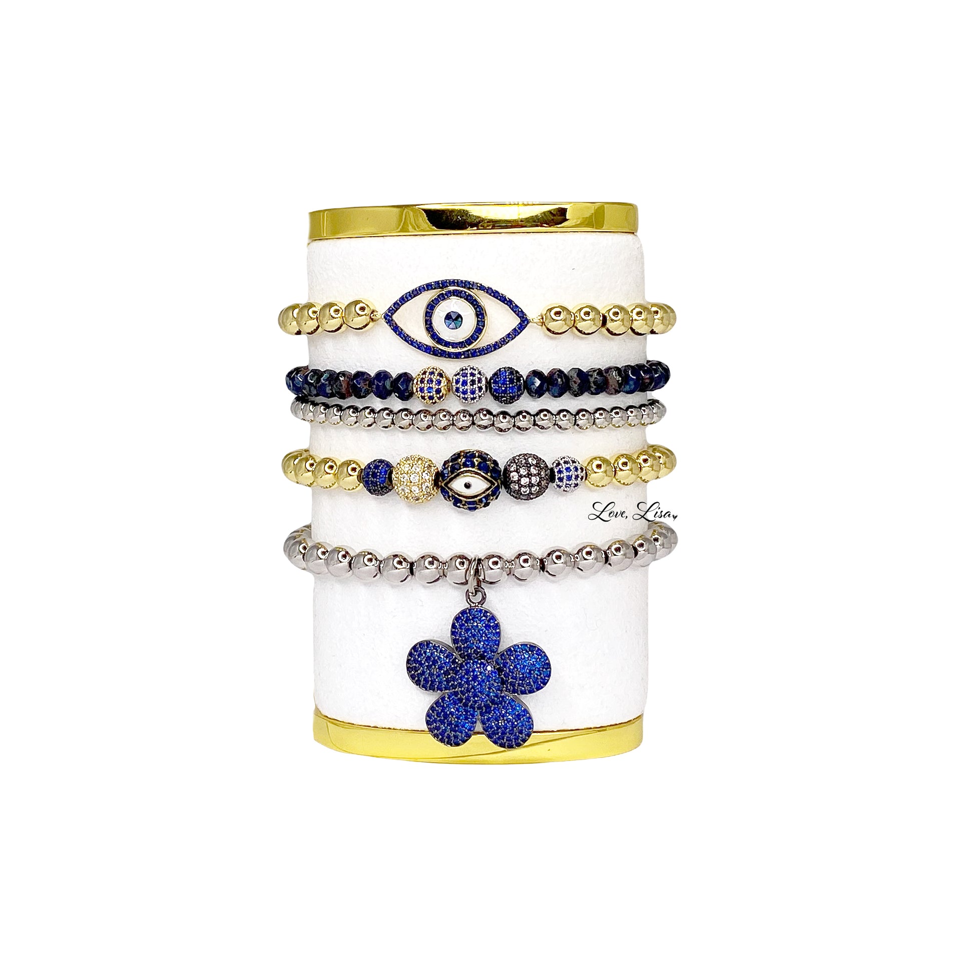 Blue Sunny Eye of Protection Bracelet featuring gold beads and pavé evil eye charm Love Lisa