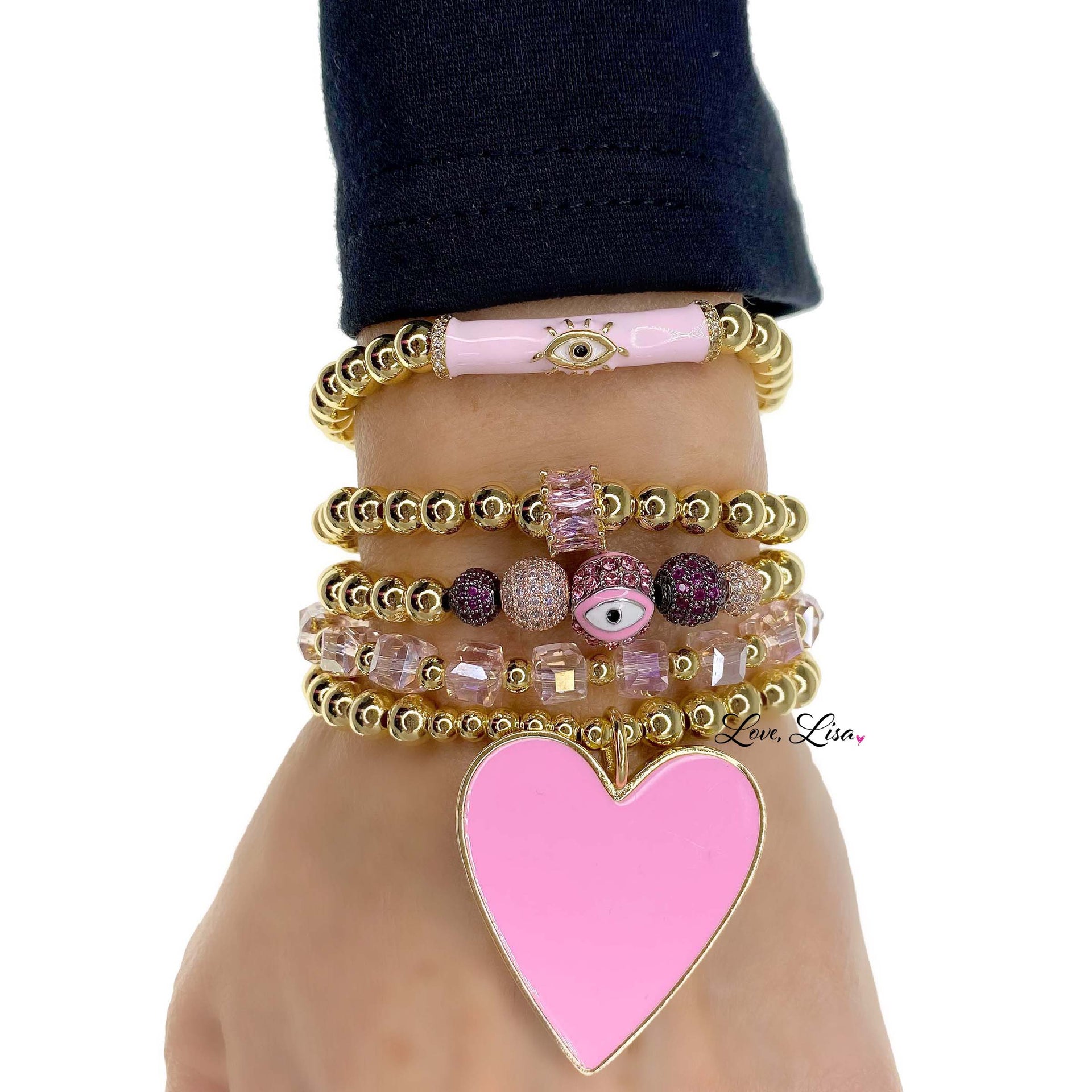 Sunny Eye of Protection Bracelet worn on wrist showing gold beads and evil eye charm Love Lisa