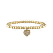 gold heart charm beaded stretch bracelet with pavé heart detail